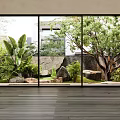 Courtyard Garden with Green Plants Trees Stones and Glass Windows on Wooden Floor