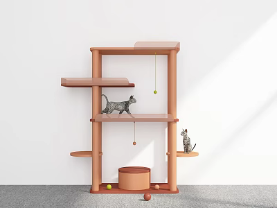 Wooden Cat Tree With Multiple Platforms Cat Bed And Hanging Toys For Cats 3d model