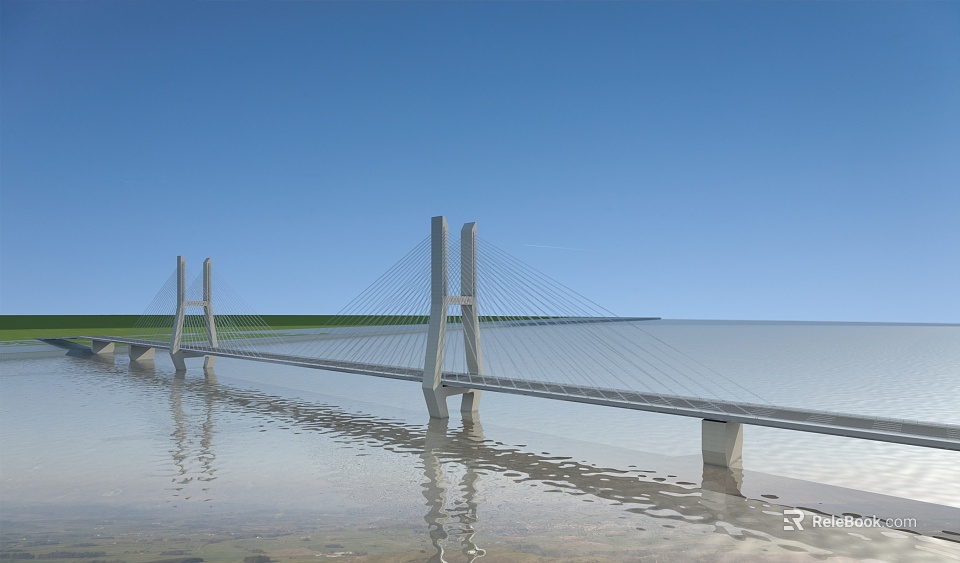 Cable Stayed Bridge With Tall Towers Over Calm Water And Blue Sky 3d model 