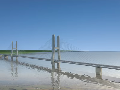 Cable Stayed Bridge With Tall Towers Over Calm Water And Blue Sky 3d model