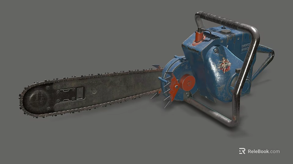 Powerful Blue Electric Chainsaw With Metal Frame Red Components And Sharp Chain 3d model 