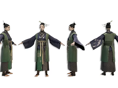 Game and Movie Character Ancient Style Traditional Costume Green Robe Topknot Hair Ornament Details 3d model