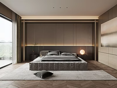 Modern Bedroom Interior Design With Large Bed Wooden Headboard Area Rug And Curtains 3d model