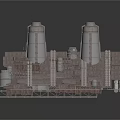 Industrial Architecture Design Featuring Two Cylindrical Towers And Wooden Roof With Pipes And Equipment