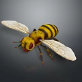 3D Rendered Bee With Yellow Black Stripes Transparent Wings And Red Eyes On Dark Background