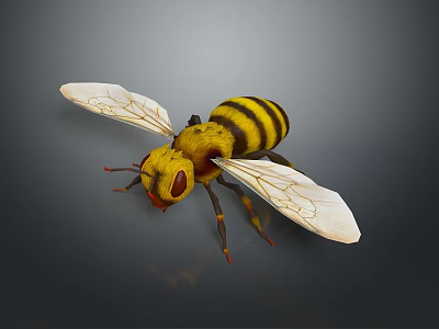 3D Rendered Bee With Yellow Black Stripes Transparent Wings And Red Eyes On Dark Background 3d model