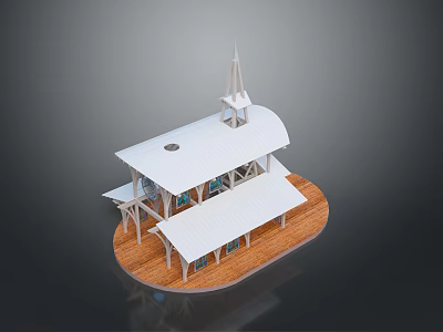 Small White Building With Spire Wooden Base Multiple Roofs And Windows Structure 3d model