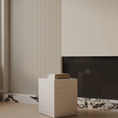 Minimalist White Side Table With Stacked Books In Living Room With Striped Wall And TV 3d model
