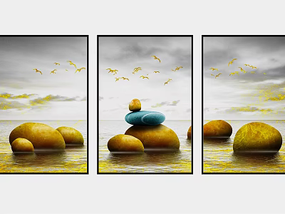Three Panel Decorative Wall Art With Stones Water And Golden Flying Birds 3d model