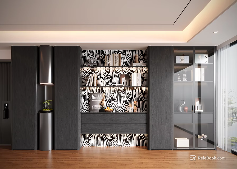 Modern Decorative Cabinet With Zebra Pattern Wall Open Shelves Displaying Books Vases And Decorations 3d model 