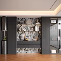 Modern Decorative Cabinet With Zebra Pattern Wall Open Shelves Displaying Books Vases And Decorations