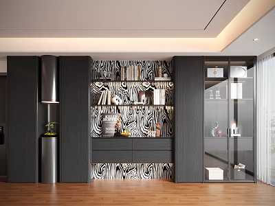Modern Decorative Cabinet With Zebra Pattern Wall Open Shelves Displaying Books Vases And Decorations 3d model