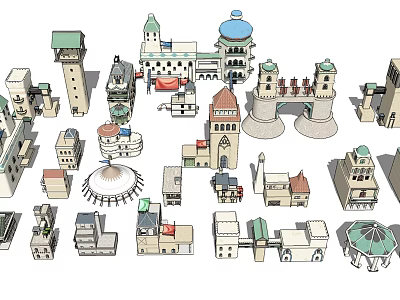 Vibrant Commercial Street With Diverse Architectural Styles Dome Buildings And Tower Structures 3d model
