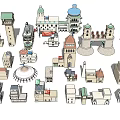 Vibrant Commercial Street With Diverse Architectural Styles Dome Buildings And Tower Structures