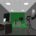 Public Office Space With Green Backdrop Photography Equipment Wooden Desk Computer Monitor And Lighting
