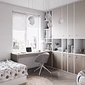 Stylish Kids Room with Patterned Bedspread Striped Wall Blinds Round Pendant Lights Desk Gray Chair 3d model