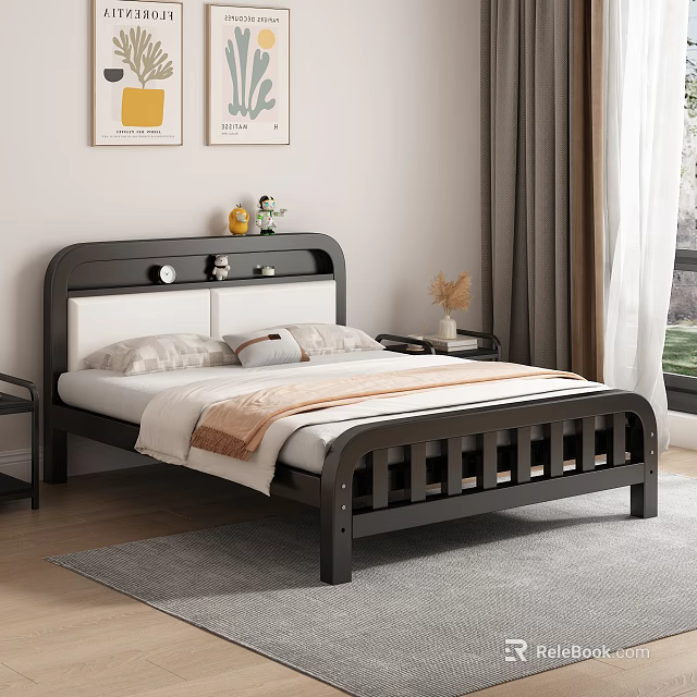 Modern Double Bed With Black and White Headboard Wooden Frame Nightstand and Decorative Wall Art Items 3d model 