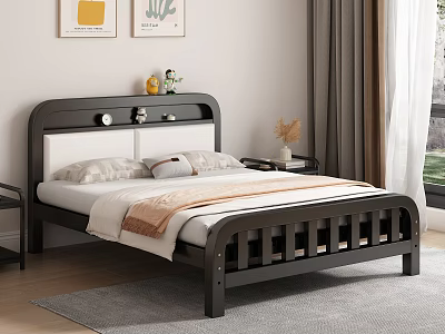 Modern Double Bed With Black and White Headboard Wooden Frame Nightstand and Decorative Wall Art Items 3d model
