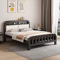 Modern Double Bed With Black and White Headboard Wooden Frame Nightstand and Decorative Wall Art Items