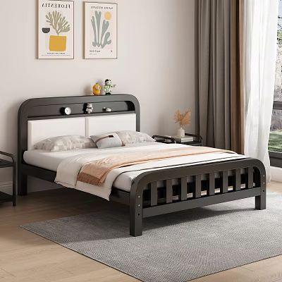 Modern Double Bed With Black and White Headboard Wooden Frame Nightstand and Decorative Wall Art Items 3d model