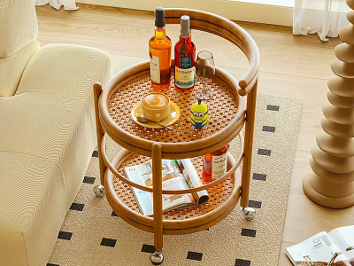 Wheeled Wooden Side Table with Two Layers for Drinks and Magazines in Living Room 3d model