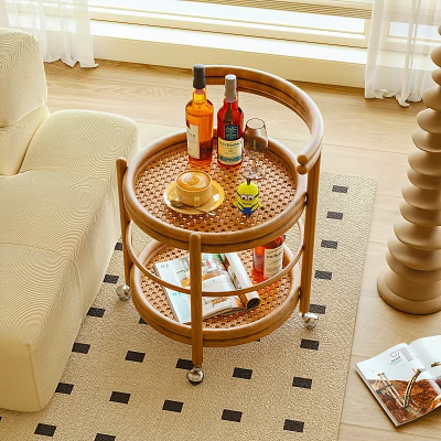 Wheeled Wooden Side Table with Two Layers for Drinks and Magazines in Living Room 3d model