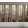 Bedroom Accent Wall Featuring Vertical Slats Wavy Patterns Flying Birds Brown Tones and Green Plant