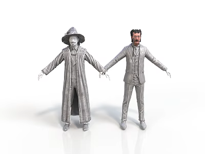 3D Character Models Featuring Silver Robed Hat Figure And Suited Man With Arms Outstretched 3d model