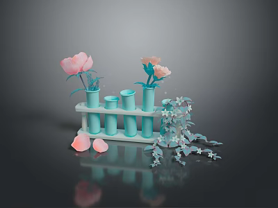 Pink Flowers in Blue Test Tubes on White Rack with Petals and Leaves Arrangement 3d model