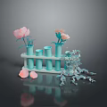 Pink Flowers in Blue Test Tubes on White Rack with Petals and Leaves Arrangement
