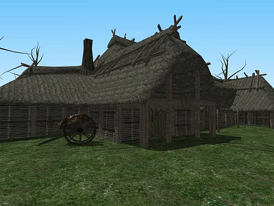 Traditional Thatched Roof Wooden Cottages On Green Grass With Old Wheel 3d model