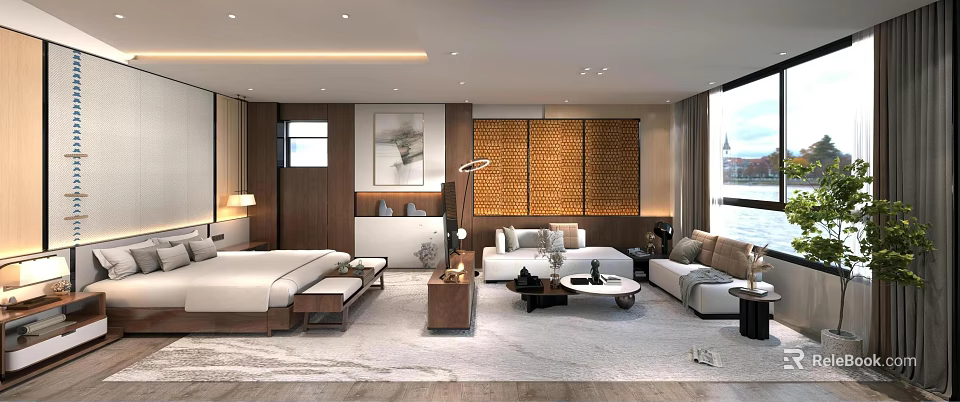 Modern Bedroom Interior Design With Bed Sofa Area Rug And Decorative Wall Art 3d model 