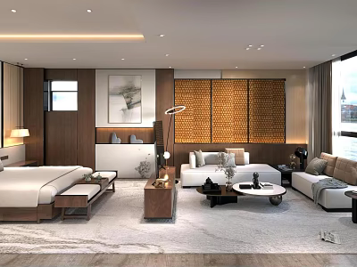 Modern Bedroom Interior Design With Bed Sofa Area Rug And Decorative Wall Art 3d model