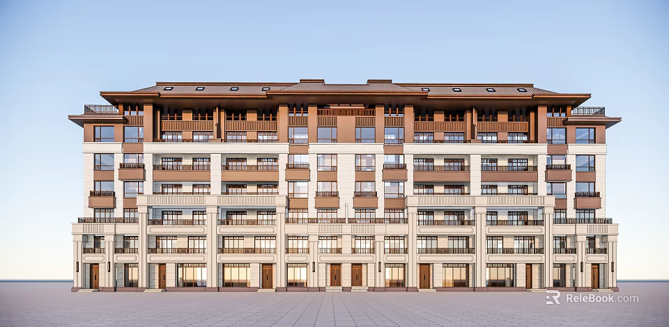 Multi Story Modern Building Exterior With Light Brown Facade Balconies And Square 3d model 