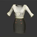 White V Neck Blouse With Short Sleeves And Grey Skirt Gold Buttons Formal Attire