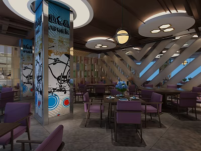 Modern Restaurant Interior Design With Decorative Patterned Pillars Purple Chairs And Lighting 3d model