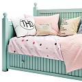Light Blue Baby Crib With Soft Pink Polka Dot Blanket And Decorative Pillows