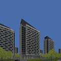 Modern High Rise Residential Building With Glass Windows And Night Lighting Surrounded By Trees