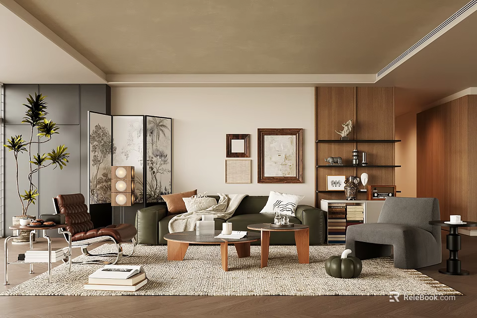 Modern Living Room Design With Green Sofa Gray Chair Wooden Coffee Table And Framed Art 3d model 