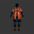 Futuristic Character In Orange Blue Protective Gear With Mechanical Creature Companion