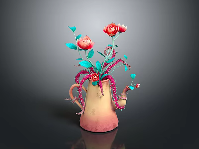 Artistic Sculpture Vase with Red Flowers Blue Leaves and Intricate Carving Details 3d model