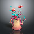 Artistic Sculpture Vase with Red Flowers Blue Leaves and Intricate Carving Details