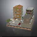 Miniature Model Scene With Colorful Multi Story Buildings Red Car Outdoor Tables And Tree
