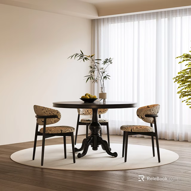 Modern Round Dining Table And Chair Set With Vase Fruit Curtains And Green Plant 3d model 