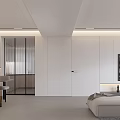 Modern Living and Dining Room Interior With White Sofa Coffee Table Plant and Built-in Cabinets