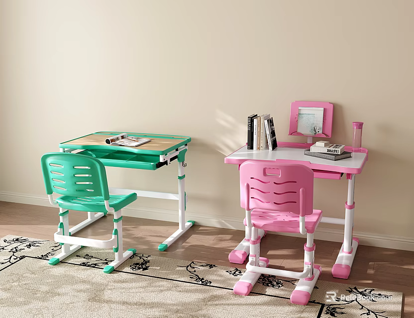 Green and Pink Children's Desk with Adjustable Height Matching Chairs and Stationery 3d model 