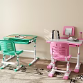 Green and Pink Children's Desk with Adjustable Height Matching Chairs and Stationery