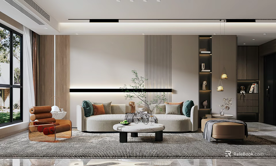 Modern Living Room Interior With Beige Sofa Coffee Table Rug Armchair Decorative Plant And Bookshelf 3d model 