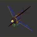 Blue Model Airplane With Yellow Gray Details Propeller And Wing Stripes On Dark Background