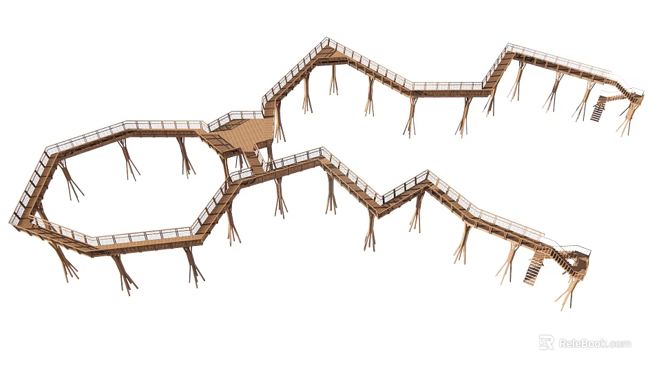 Winding Elevated Wooden Boardwalk With Railings And Support Structures In Natural Setting 3d model 